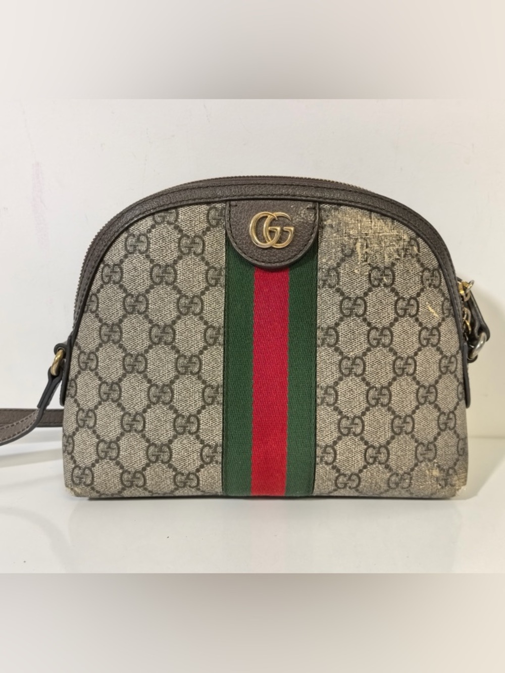 GG Supreme Monogram Textured Dollar Calfskin Web Small Ophidia Dome Shoulder Bag